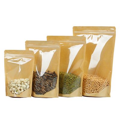 خرید 4.7x7.9 اینچ پلاستیک شفاف جلو قهوه ای کرافت پشت بازپوشیدنی ایستاده Ziplock کیسه های کیسه ای Doypack برای بسته بندی مواد غذایی online manufacture